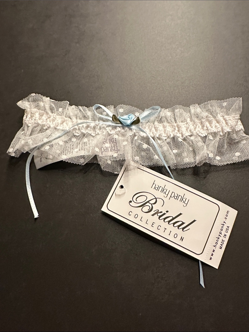 Hanky Panky White Bridal Lace Garter with Light Blue Bow